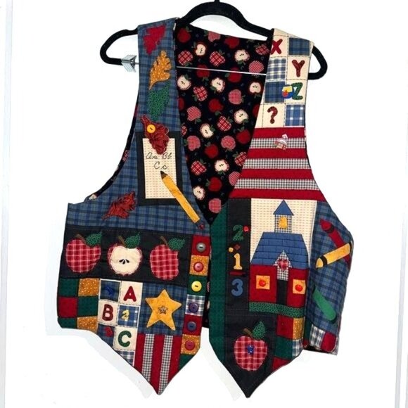 Vintage Apple & Alphabet Themed Patchwork Vest - Picture 1 of 10
